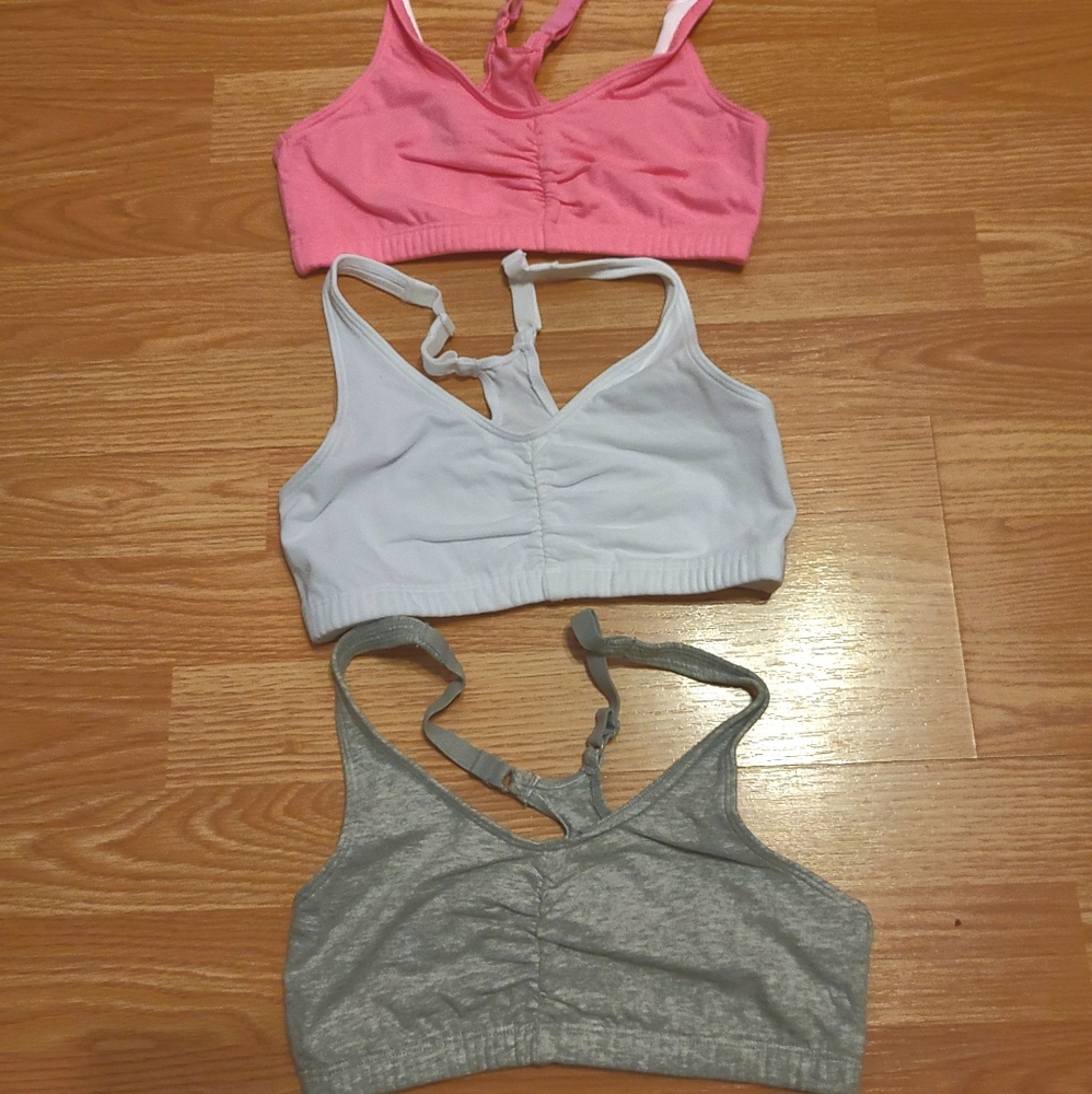 Fruit of the Loom 3 Pair Shirred Front Sports Bras. Size 34. Pink, white, gray